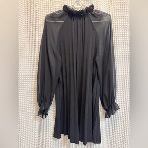 Zara Black Long-Sleeve Pleated Ruffle Neck Dress
